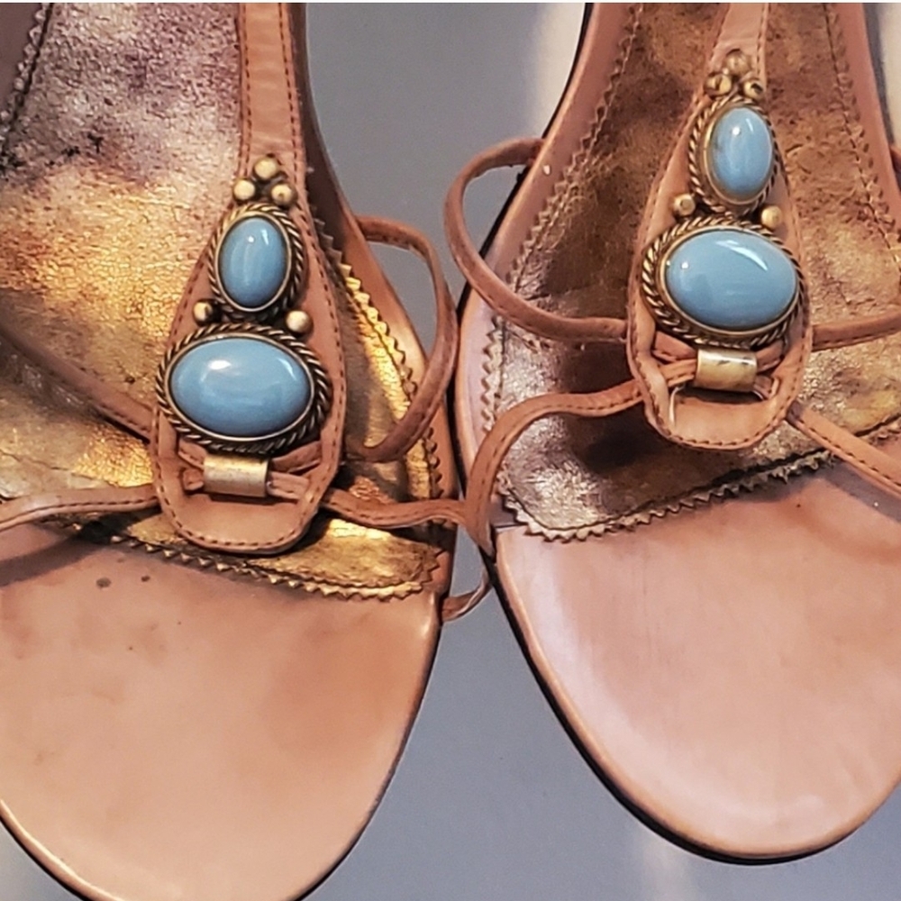 Bohemian Tan Sandals with Turquoise Stone Embellishments